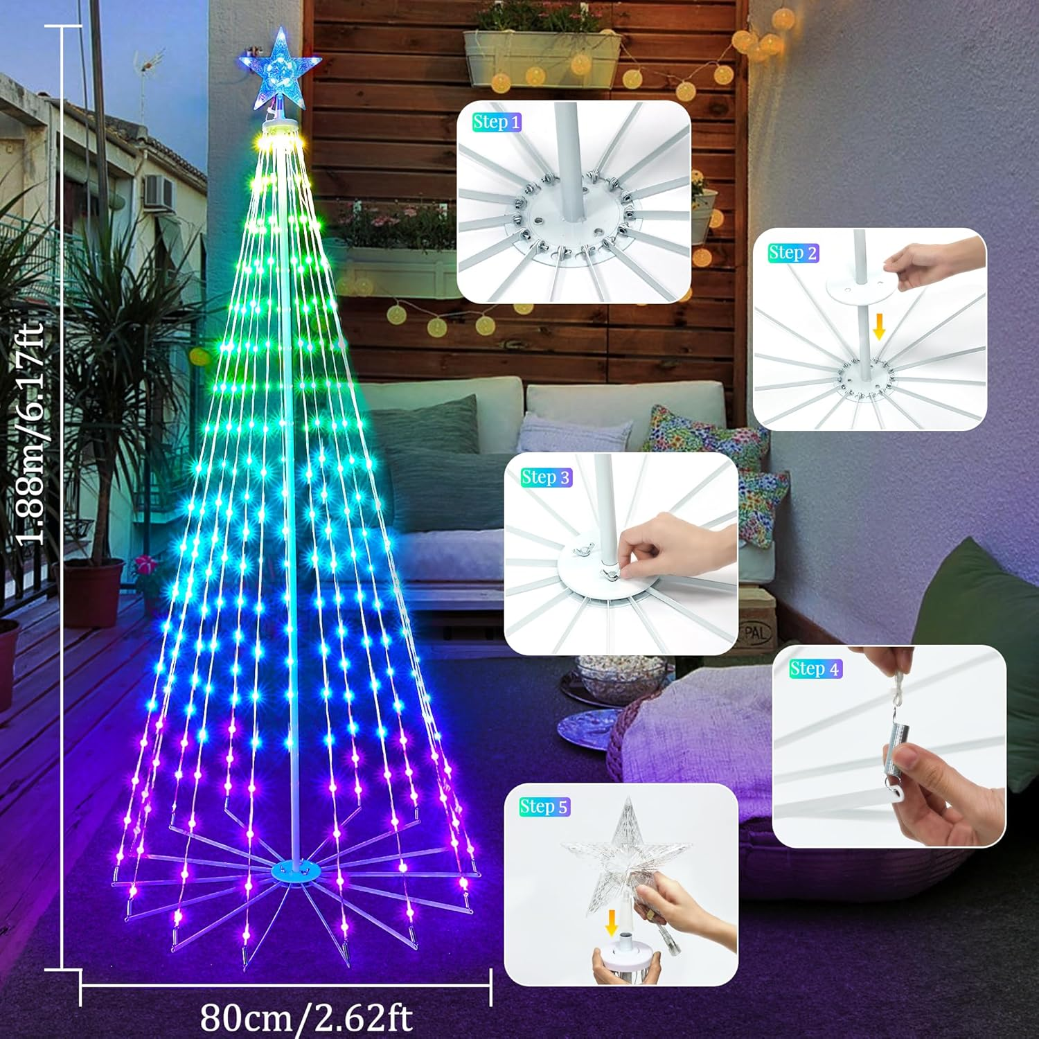 Smart Christmas Tree Lights, 1.88 M 265 Leds Outdoor Cone Shape Christmas Fairy Lights with Star Waterproof 16 Million RGB Colours Christmas Decoration Light for Garden Party Indoor, App image number 2