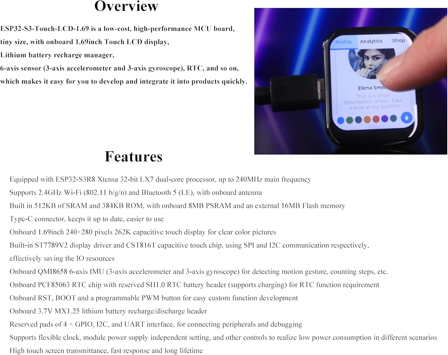 ESP32-S3 1.69Inch Touch Display Development Board, 240&times;280 Pixels, 262K Color, Micro LCD Display with ESP32-S3, Accelerometer and Gyroscope Sensor image number 2