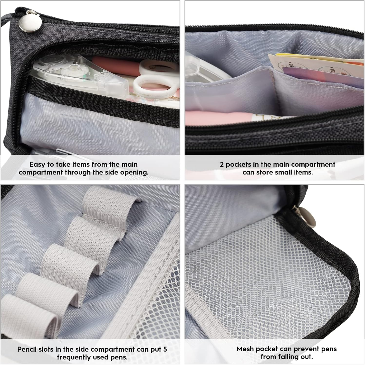 Mokani Big Capacity Pencil Case, Canvas Pen Pencil Pouch with Handle, Stationery Storage Cosmetic Bag Middle High School College Office Organizer for Students Girls Teens Adults, Gray - Gray image number 4