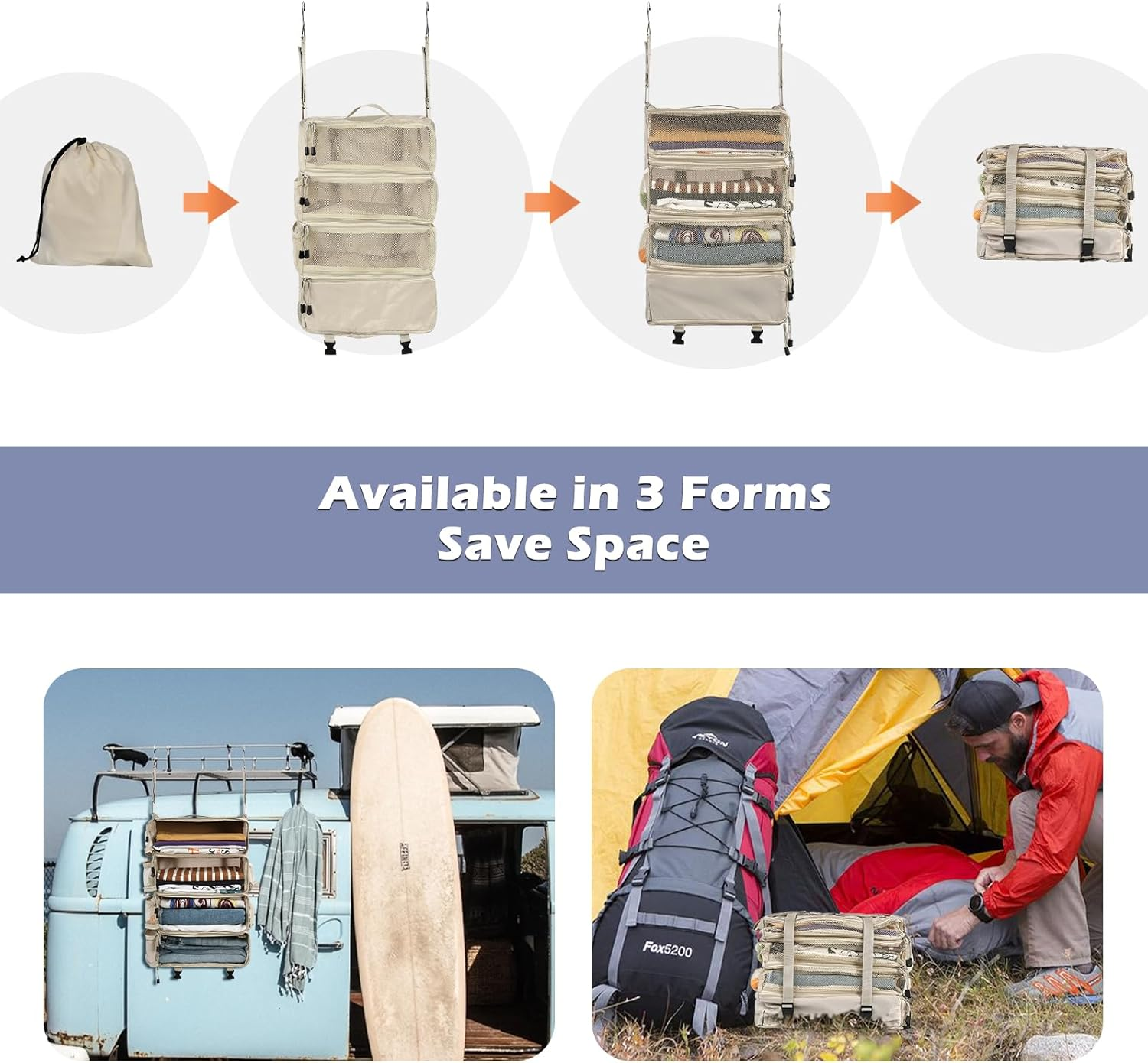 Surblue Travel Hanging Luggage Organizer Portable Suitcase Closet Organizer Multiple Compartments Collapsible Compression Packing Cubes Shelf, Beige,M image number 5