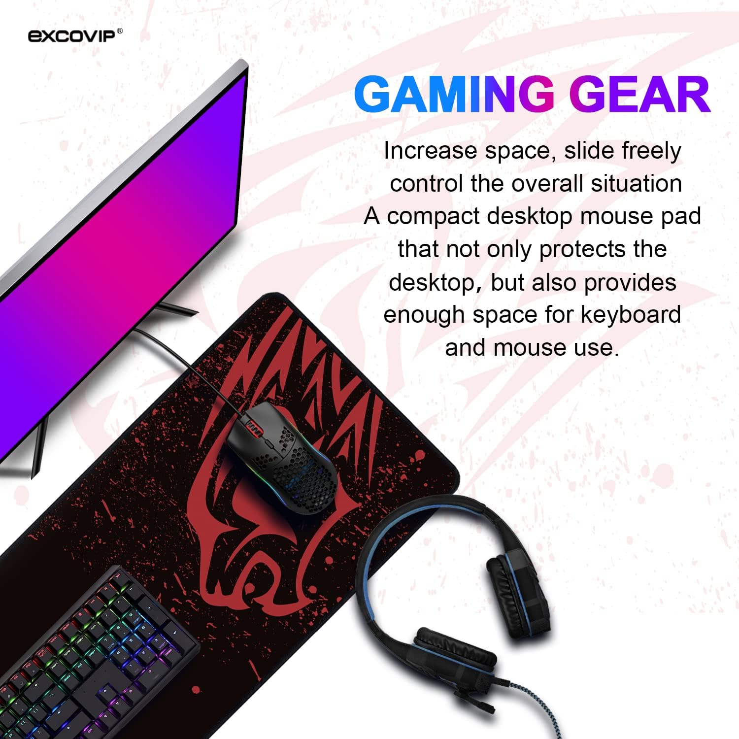 Excovip Gaming Mouse Pad with Durable Stitched Edges Computer Desk Pads with Non-Slip Rubber Base 31.4"X11.08" Big Mousepad Keyboard Mouse Mat Red Leopard 9192 image number 2