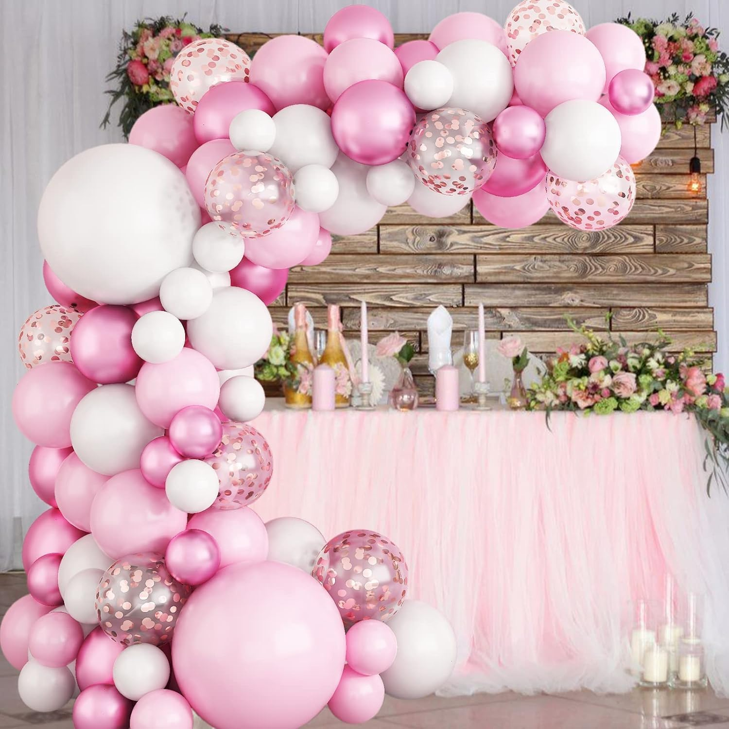 Pink White Balloon Arch Kit, 117Pcs Balloon Garland Kit Pink Confetti Metallic Balloons for Birthday Baby Shower Wedding Bridal Engagement Anniversary Graduation Valentines Party Decorations image number 1