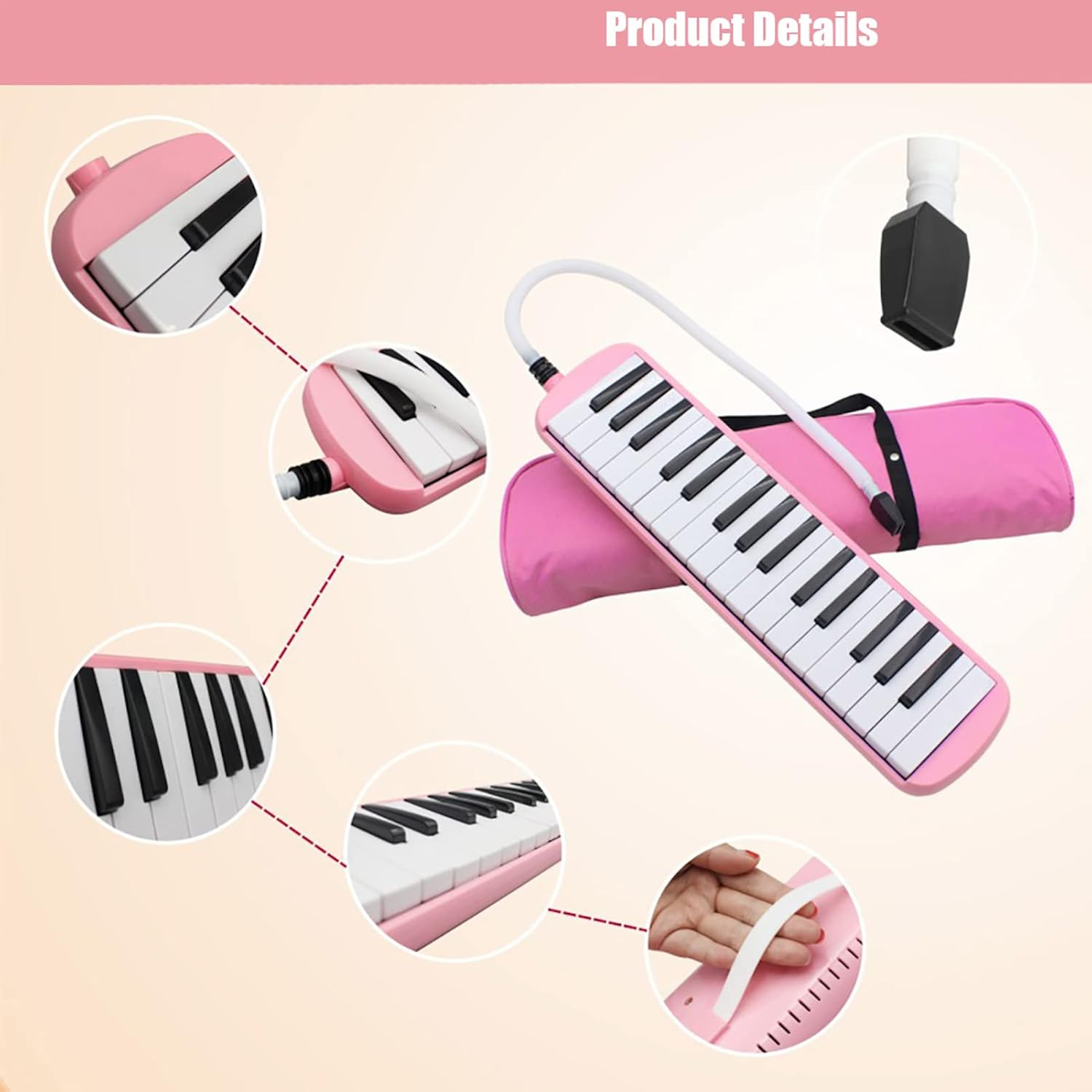 Vilihy Melodica 32 Key Pianica Portable with Carrying Bag Short and Long Mouthpieces for Beginners Kids Gift(Pink)