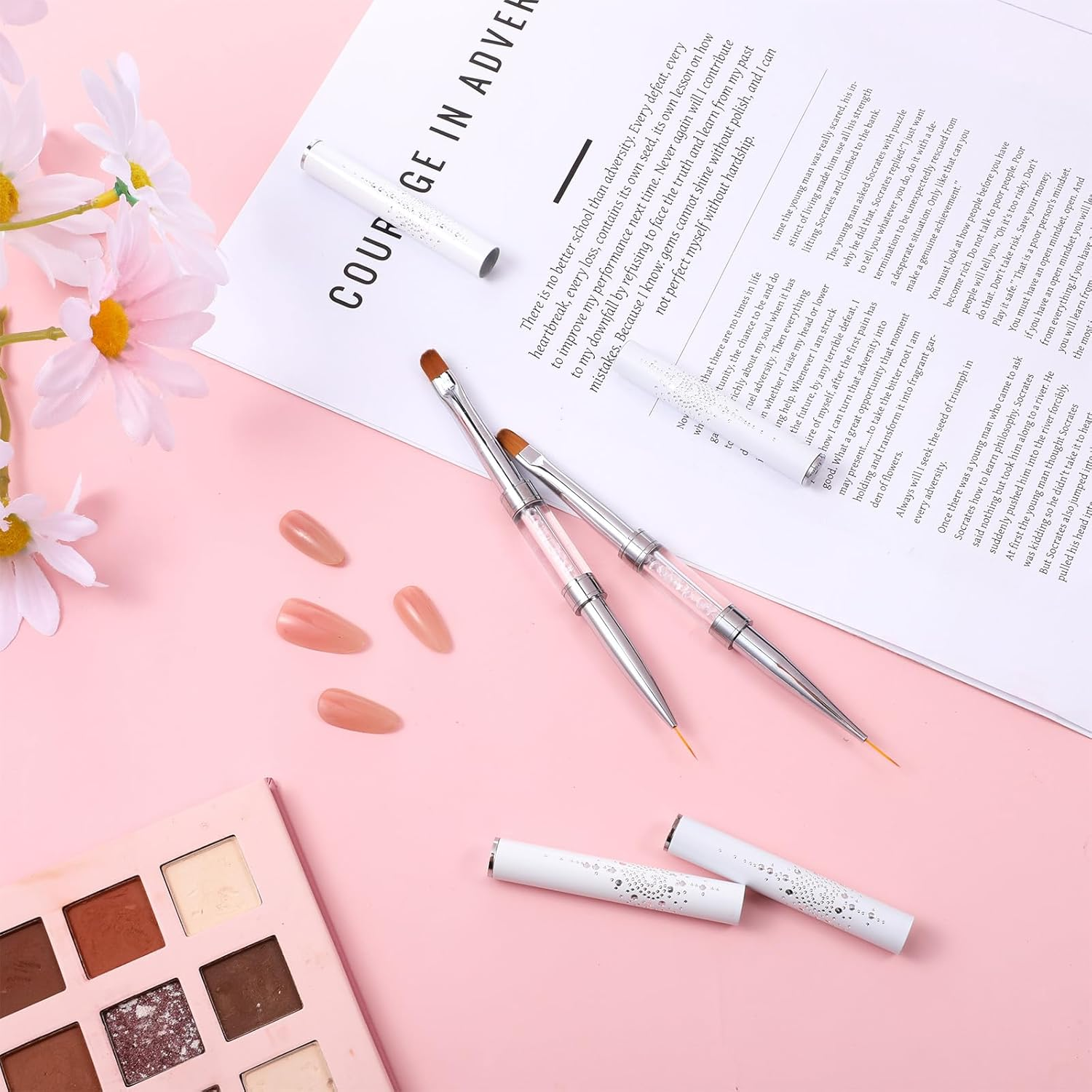 LXUEJIE 3 Pcs Double Ended French Tip Brush Hard Gel, Nail Builder Gel Brush, Liner for Design Nail Liner Brushes Rhinestone Handle French Tip Drawing Brushes for Design image number 2