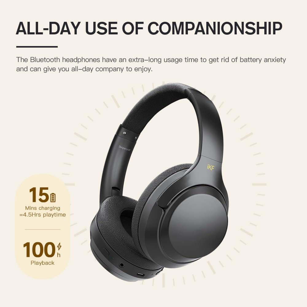 Ikf T1 Pro Bluetooth Headphones, Over-Ear Headphones, Foldable Headphones with High Fidelity Sound, 100 Hours of Use Time, Adjustable Lightweight, Pairing 2 Devices Compatible (Black) image number 2