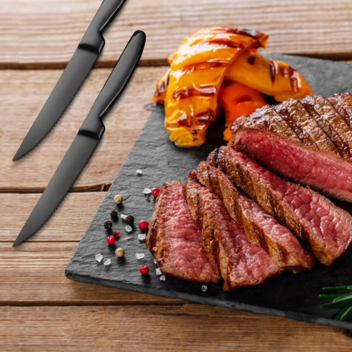 BYEGOU Stainless Steel Serrated Steak Knife Set of 6, Black Color Heacy Duty Dinner Table Knives for Cutting Meat, Beef, 8.6 Inch, Dishwasher Safe - Black image number 3