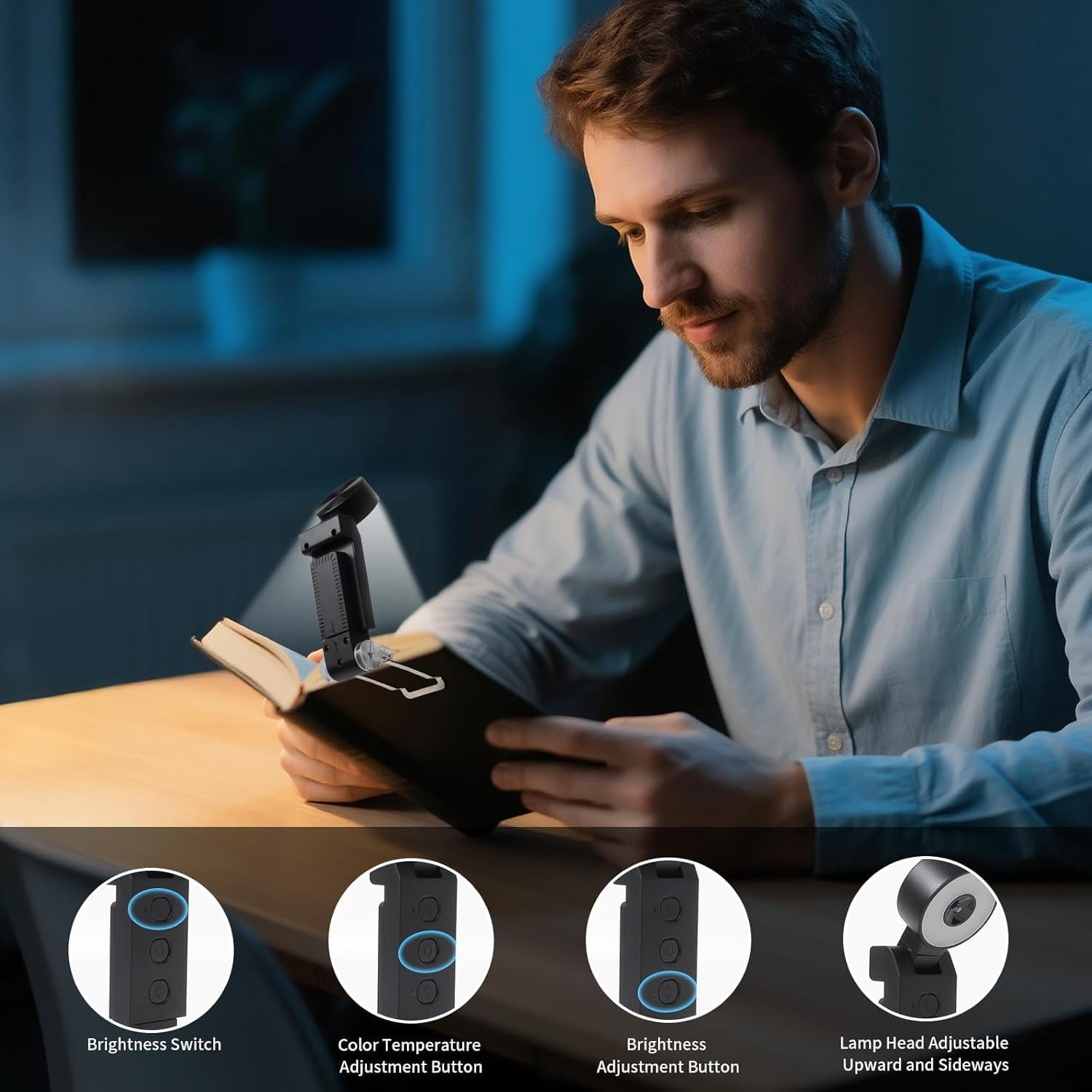 Book Light, USB Rechargeable Clip-On Reading Light, 30 Adjustable Modes, Eye-Caring,Flashlight with Timer, Perfect for Book Lovers/Travel (Black-Round) - Black-Round-2Pack image number 7