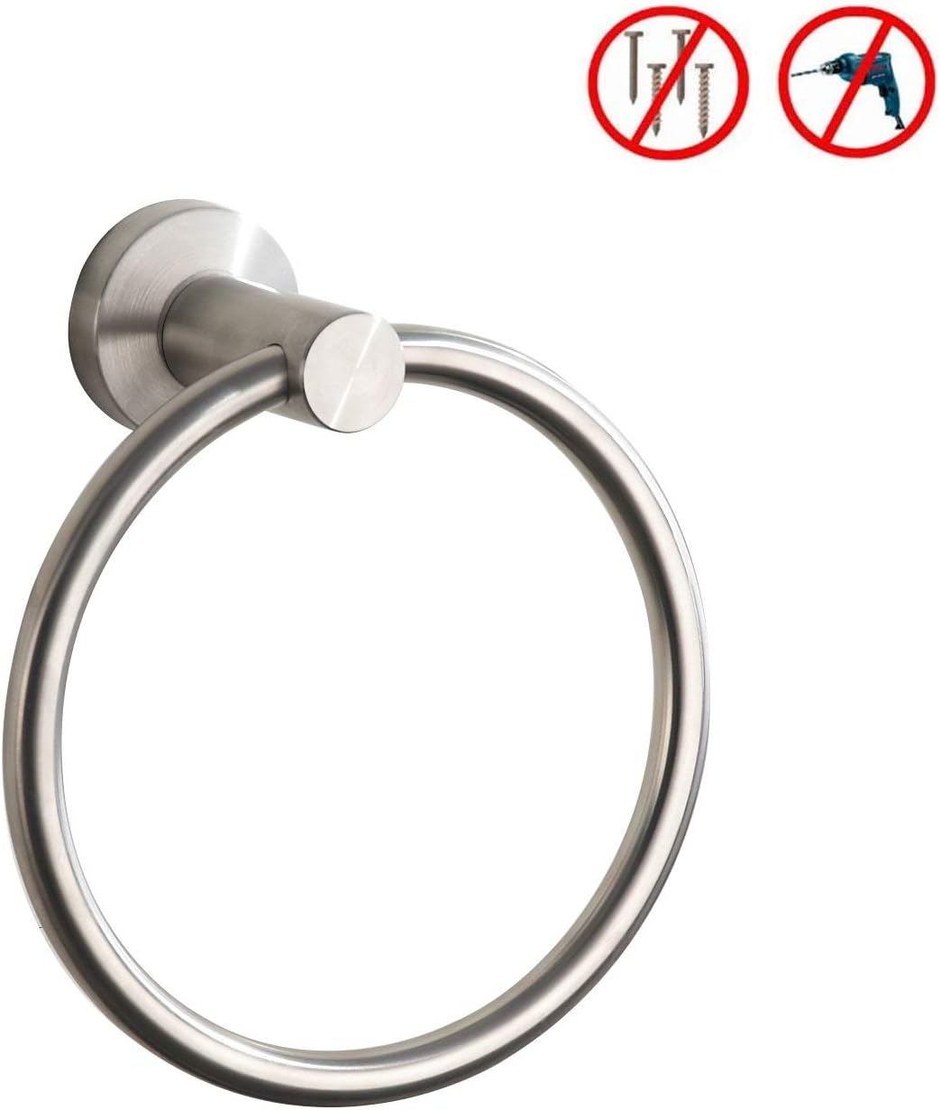 Towel Ring Brushed Nickel, Bath Hand Towel Ring Stainless Steel Adhesive No Drill Hanging round Towel Holder for Bathroom - Brushed Gold image number 2
