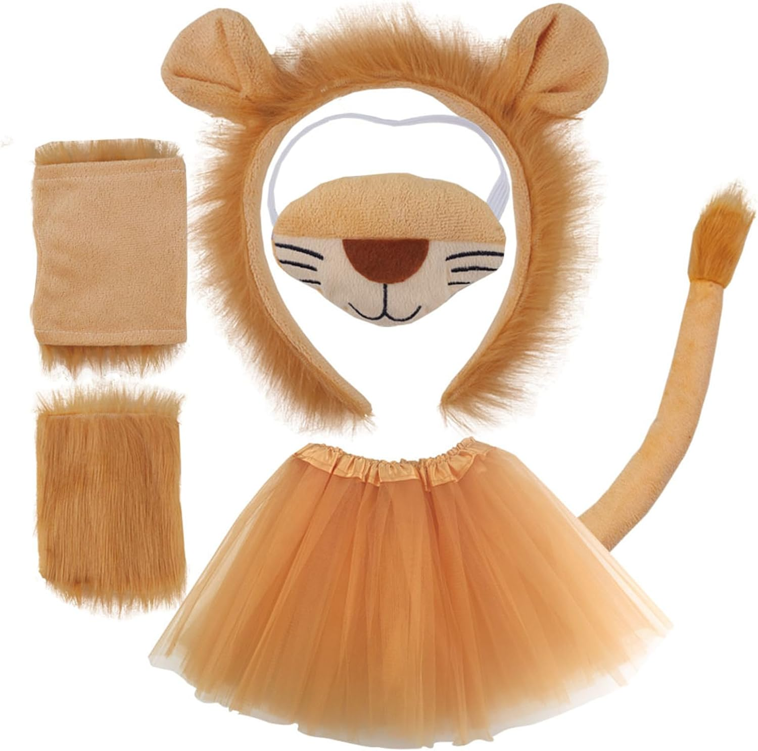 5 PCS Lion Costume Accessory Lion Ears Headband Skirts,Noses,Gloves,Lion Animal Clothing,Yarn image number 1