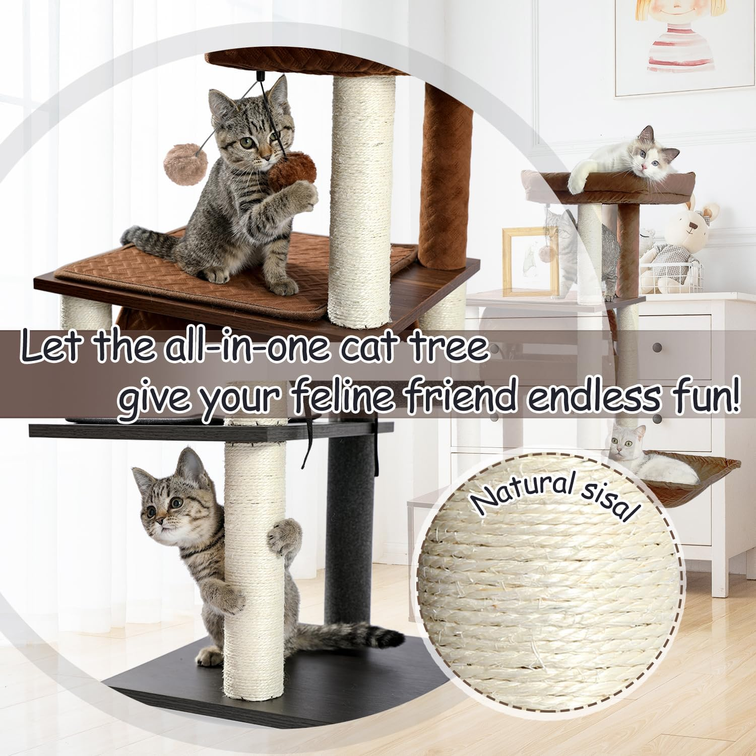 PAWZ Road Cat Tree Cat Scratching Post with a Large Hammock Play Tower, Play Tunnel Wooden Furniture Cat Stand 130Cm Brown image number 1