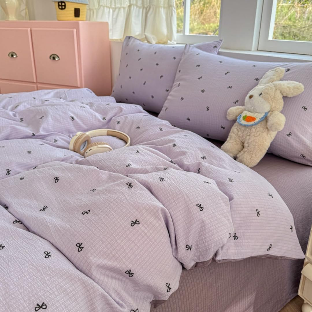 Pink Cartoon Duvet Cover Double-Layer Yarn Feel Super Soft Breathable Cozy Comforter Cover 3 Pieces Bedding Sets with 2 Pillowcases (Purple, Full)