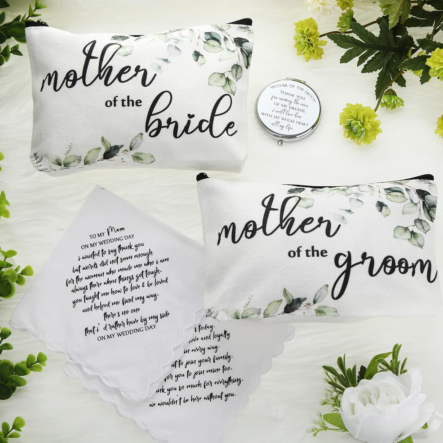 6 Pack Mother of the Bride Gifts Mother of the Groom Gifts Set Includes 2 Leaves Cosmetic Bag 2 Makeup Mirror 2 Mom Handkerchief for Mothers in Law at Wedding Engagement Anniversary Wedding Day Gift image number 2