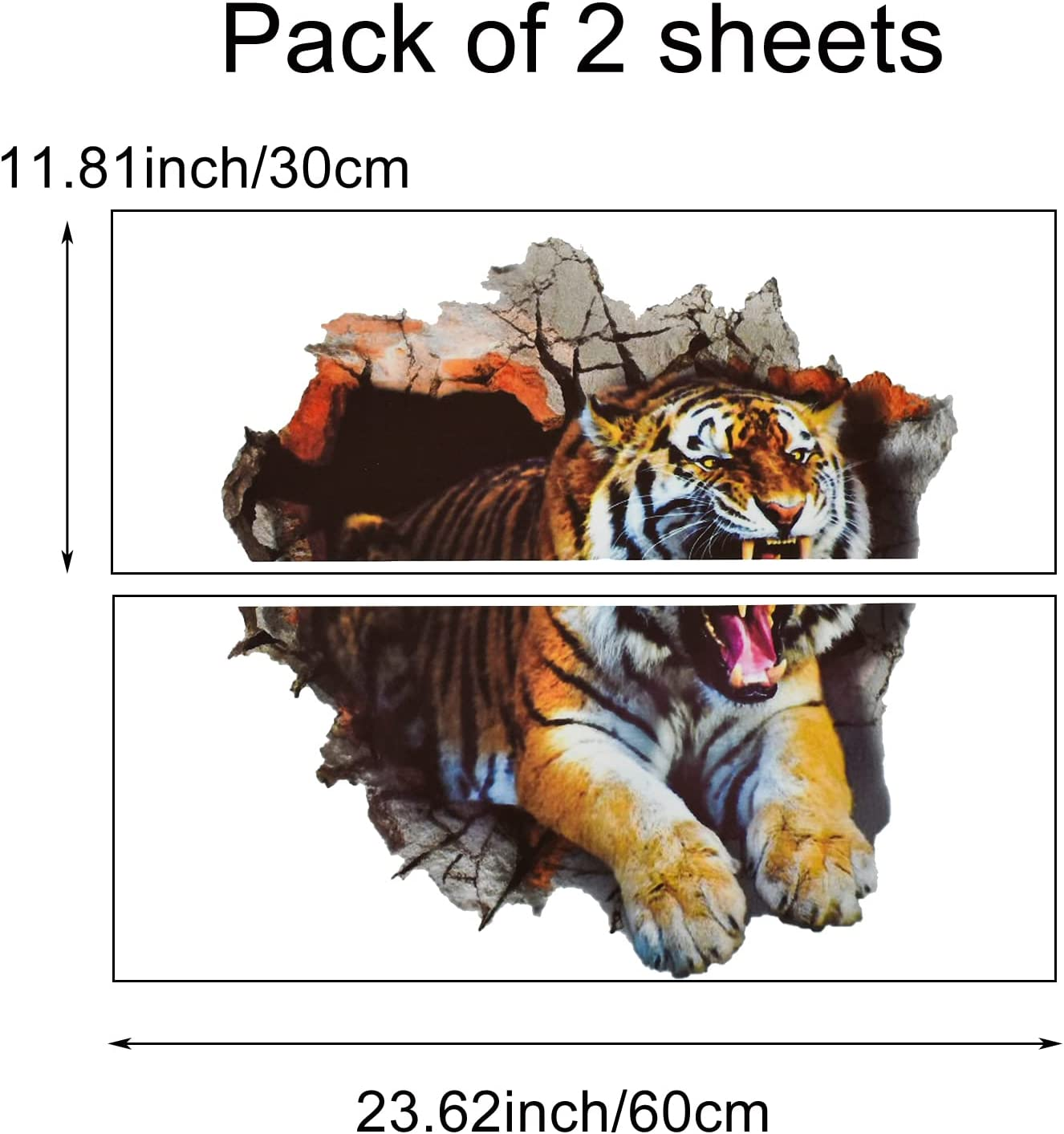 3D Tiger Wall Decal Smashed Wild Animal Wall Sticker 23.62X23.62Inch Removable Self-Adhesive Vinyl Jungle Animal Wall Mural for Nursery Playroom Kids Room Bedroom Wall Decors image number 3