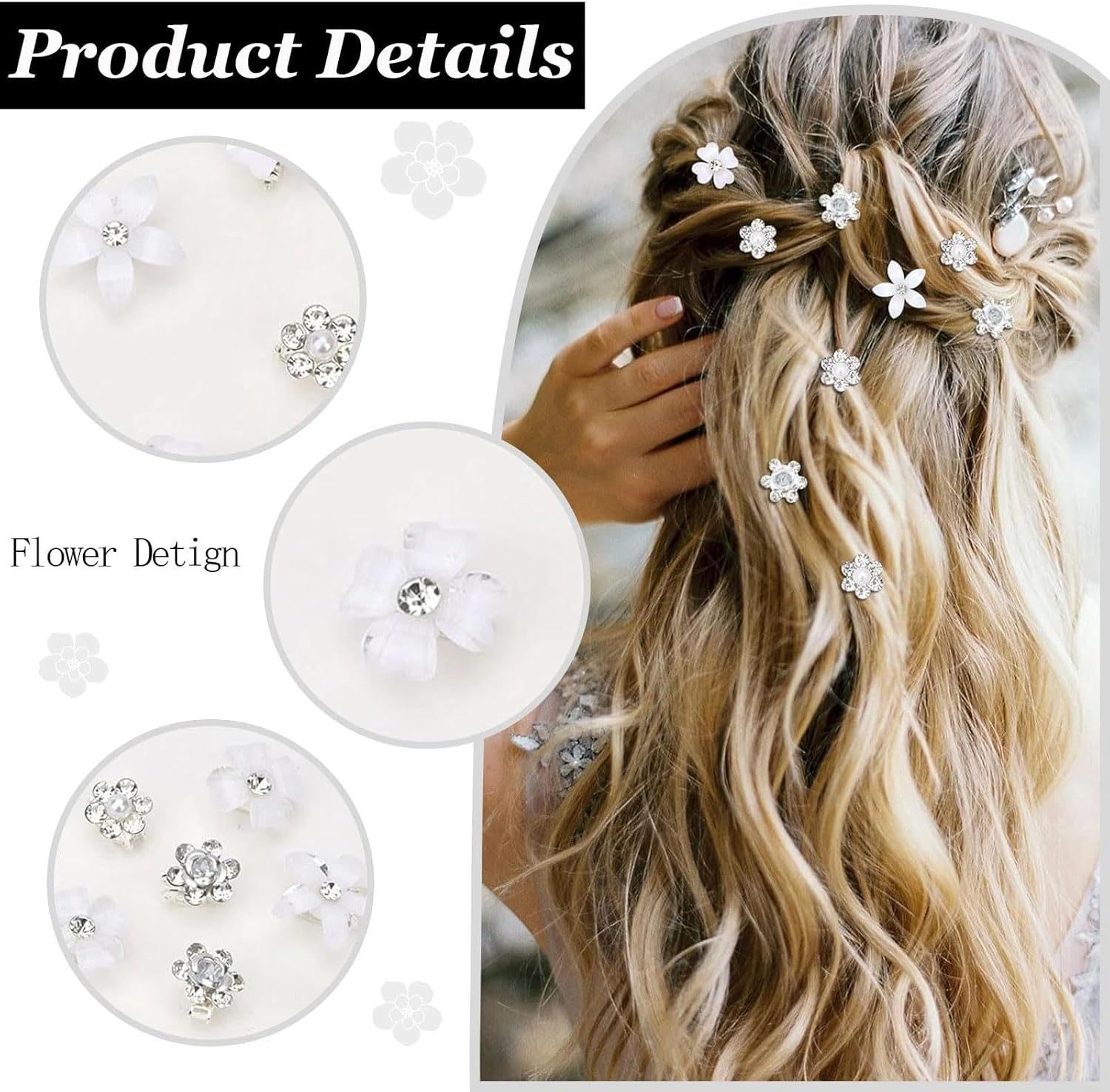 JOOTUEPO Pack of 20 White Small Flowers Hair Clips, Mini Cute Rhinestone Metal Hair Pins for Women, Small Decorative Wedding Hair Clips, Bridal Wedding Hair Accessories (4 Floral Patterns) image number 3