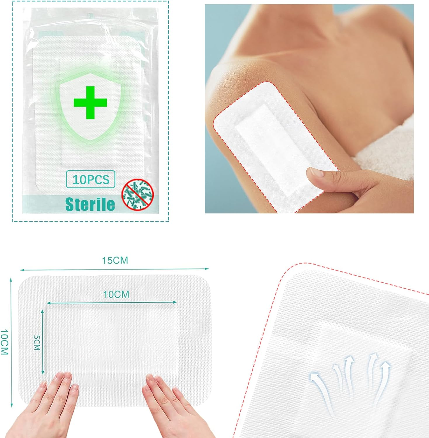 Adhesive Wound Dressings Pads Medium,Absorbent Breathable Dressings Patches Bandage,Individually Wrapped for Wounds First Aid(10X15Cm, 10PCS) - 10X25Cm-10Pcs image number 6