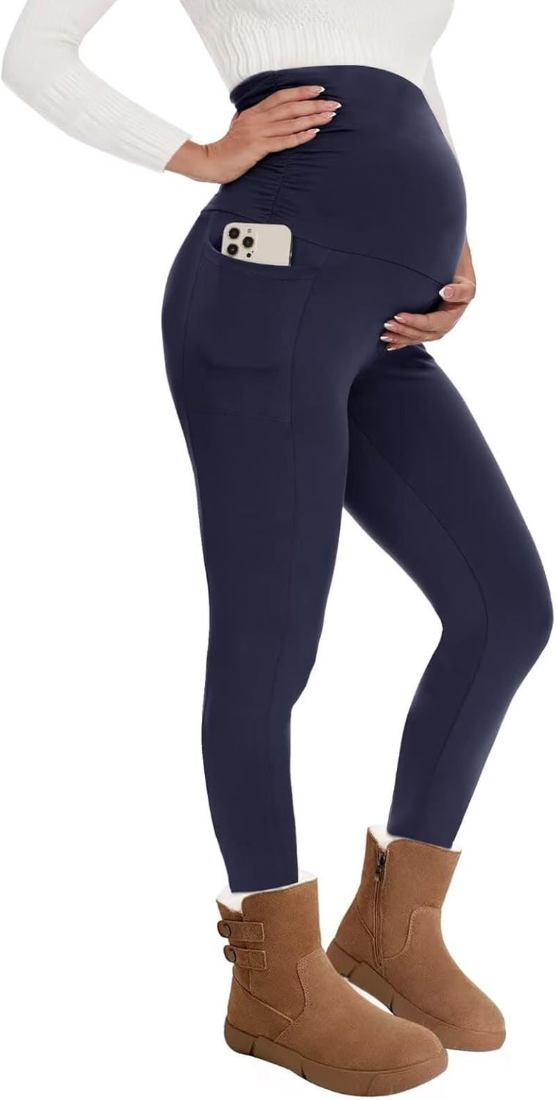 QGGQDD Women'S Thermal Maternity Leggings with Pockets High Waist Pregnancy Winter Opaque Warm Maternity Fashion Leggings Sport for Pregnant Women