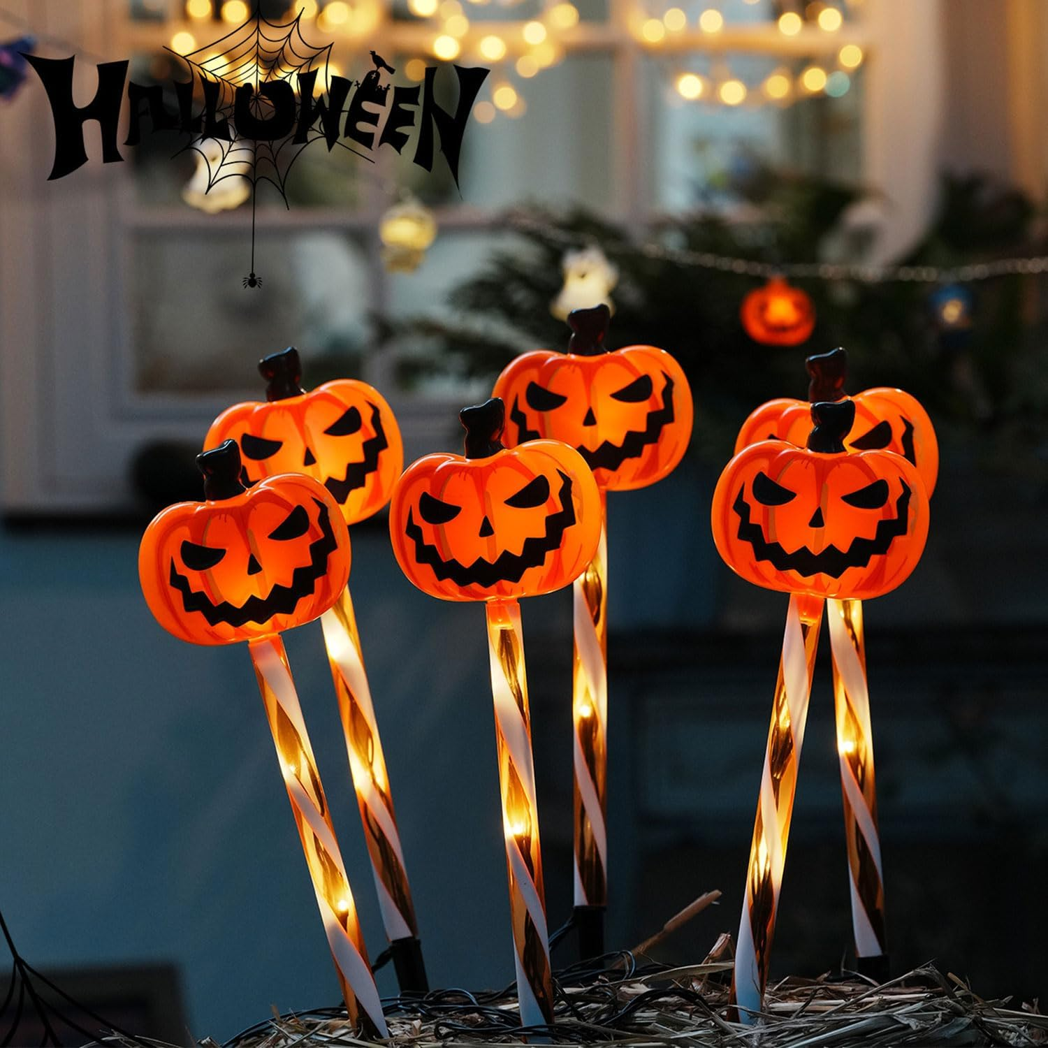 Pack of 5 Halloween Decorative Outdoor Garden, Pumpkin Solar Lights Outdoor, LED Lighting Lantern for Outdoor, Solar Pumpkin Pathway Lights, for Outdoor Party, Tombstone, Home Decor, Lawn Fence, Porch