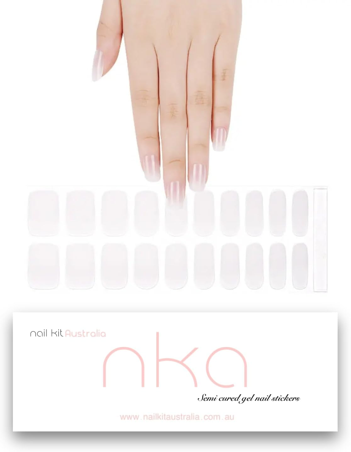 NKA Semi-Cured Gel Nail Strips Kit &ndash; 20 Strips in 10 Sizes &ndash; Quick & Easy Application &ndash; Cures in 60 Seconds &ndash; Includes Mini File, Cuticle Stick & Prep Pads &ndash; Long-Lasting, Milky French image number 3