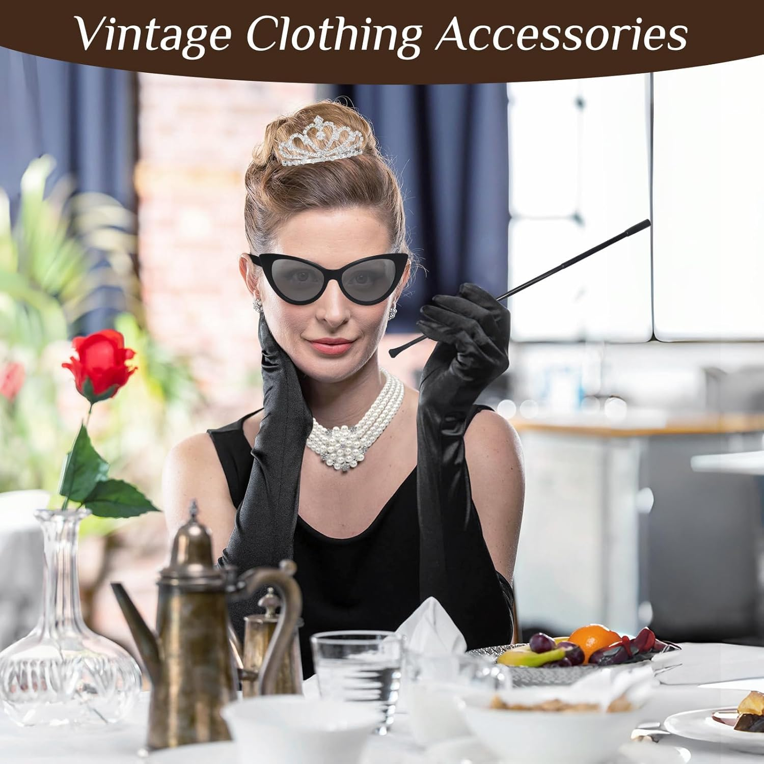 6PCS 1920 Retro Costume Accessories for Women, Fancy Dress Set with Pearl Necklace Tiara Earrings Gloves Sunglasses for Cosplay Carnival Birthday 20S Party