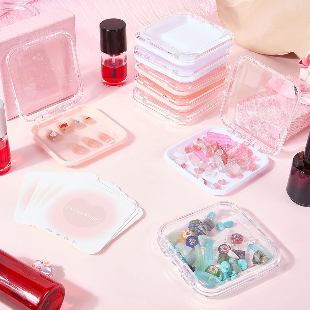 SOFPLATE 9Pcs 7.75 X 7.5Cm Press on Nail Storage Box Clear Pink White Nail Packaging Boxes with 30Pcs Double Sided Stickers 9Pcs Display Cards for Press Ons Artificial False Tips Beauty Charms Women