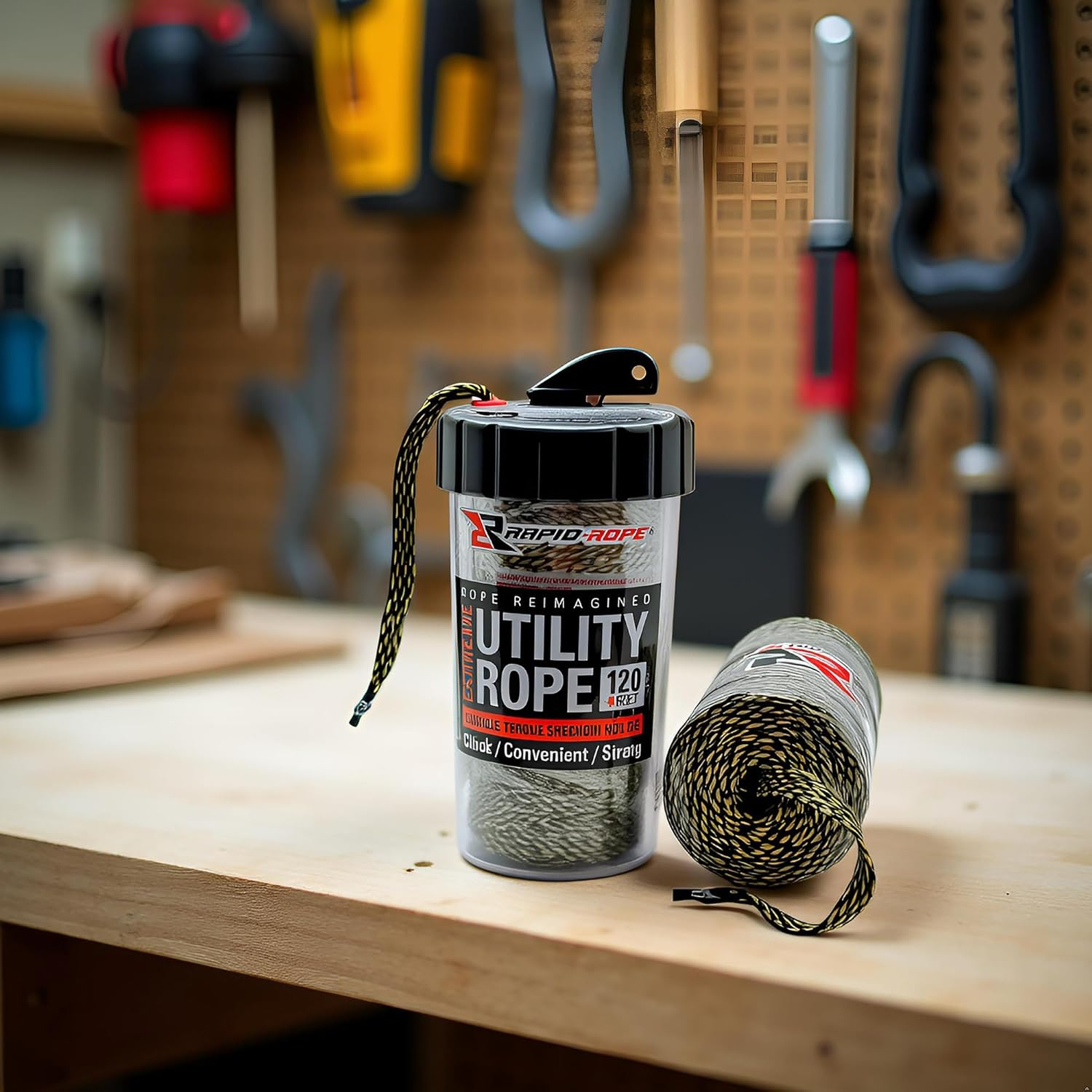 Rapid Rope Canister 120Ft Camo Flat Tactical Paracord, Made in USA, 1100Lb Tested Heavy Duty Poly Rope Test Cord, Non-Tangle Dispenser Included &ndash; Hiking, Camping, Survival, Utility, Climbing