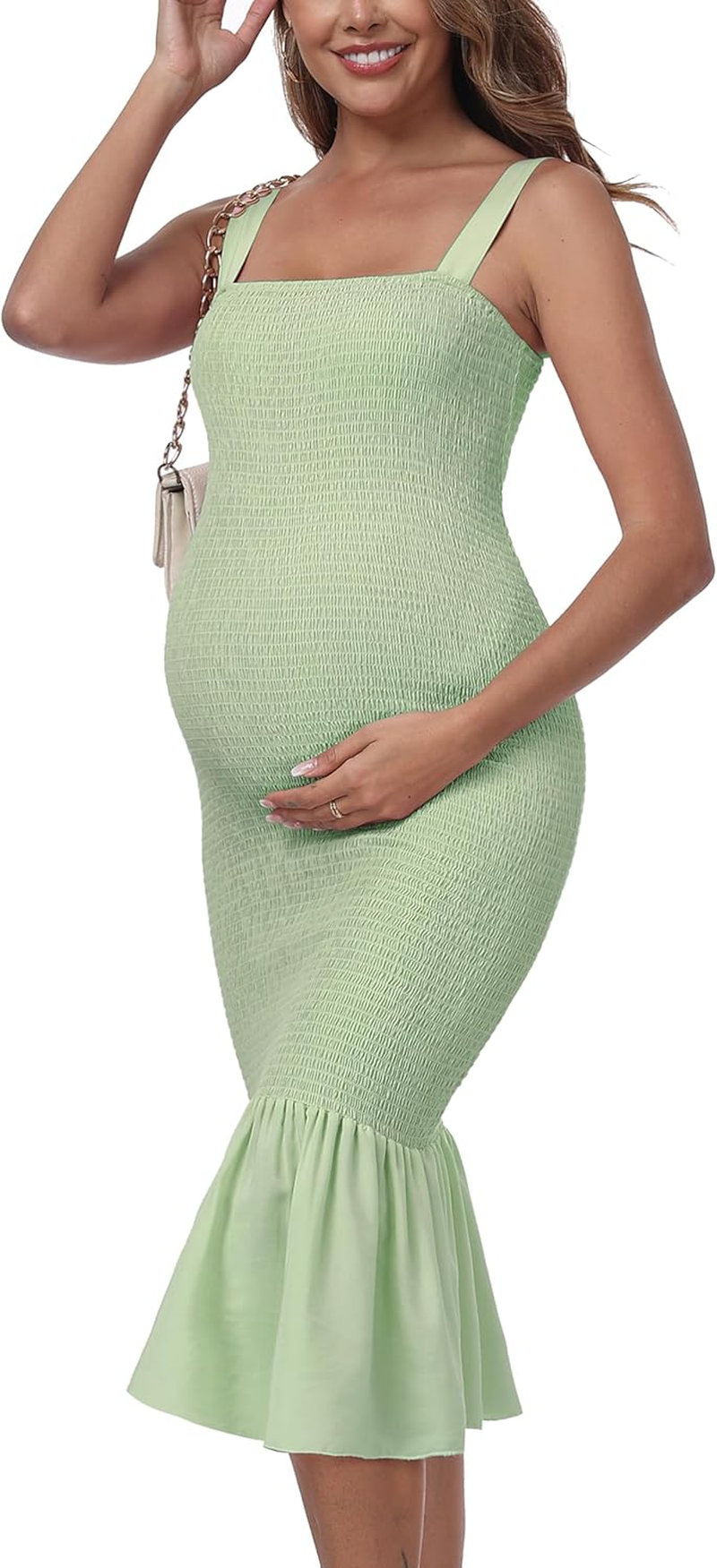 Summer Tank Maternity Dress Sleeveless Strappy Midi Bodycon Square Neck Ruffle Mermaid Smocked Dress for Baby Shower image number 7