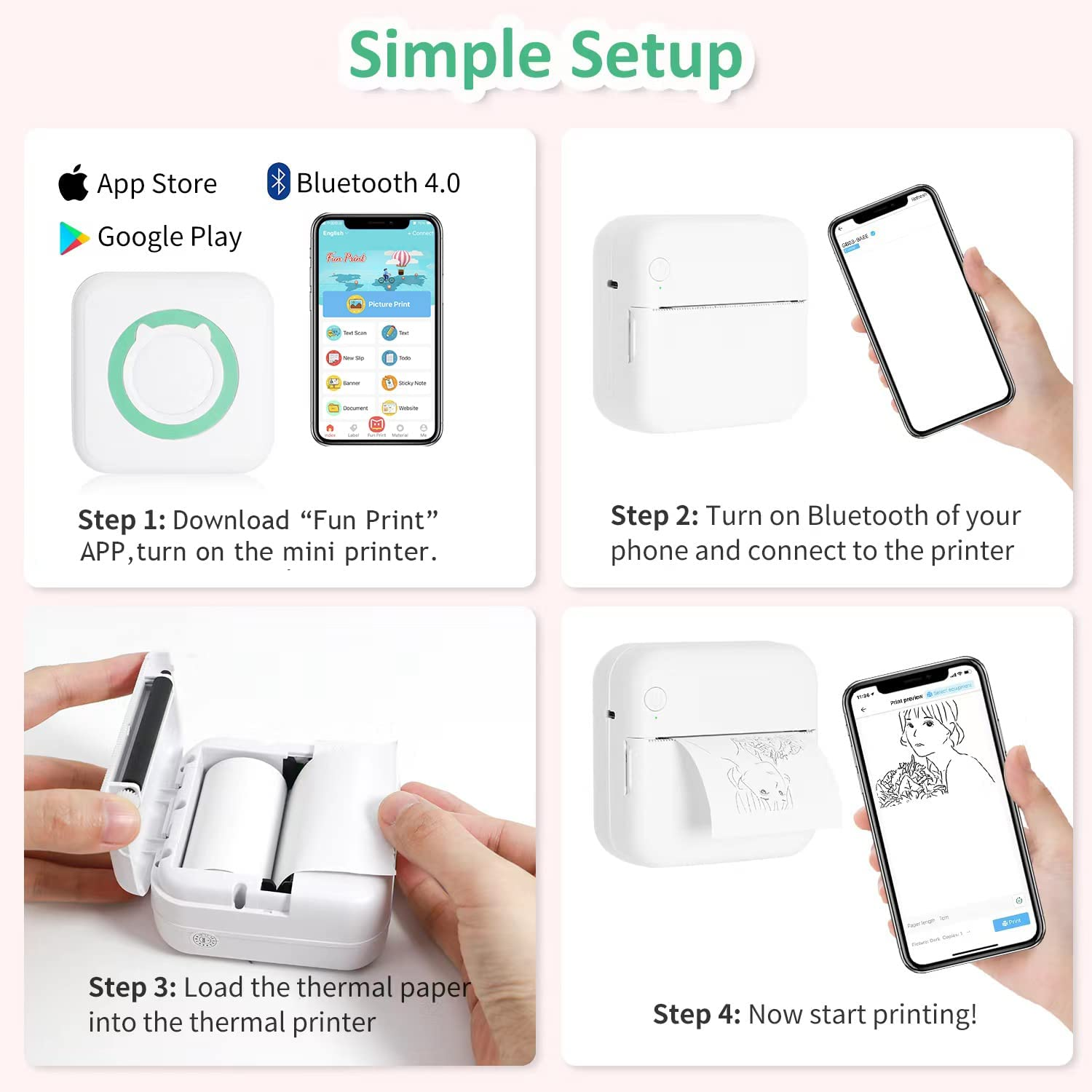 AURTEC Mini Thermal Printer, Portable Wireless Bluetooth Inkless Printer with 3 Rolls of Sticker and 3 Rolls of Thermal Paper, Compatible with Android/Ios, Pocket Printer for Memo, DIY, Photo and More image number 3