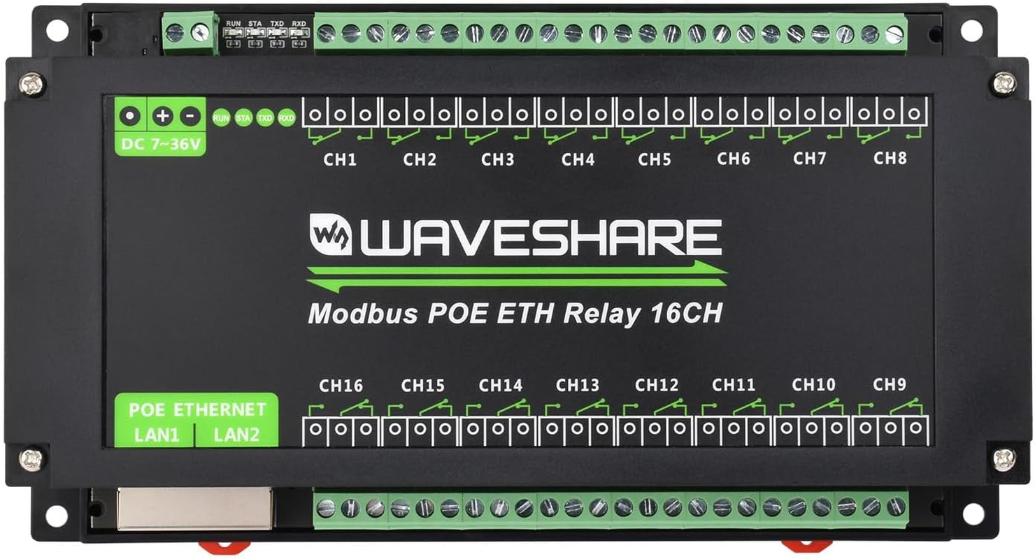 Waveshare 16-Ch Ethernet Module, Modbus RTU/TCP, Ethernet Communication, Support Poe, Various Isolation & Protection Circuits, Industrial Rail-Mount image number 2