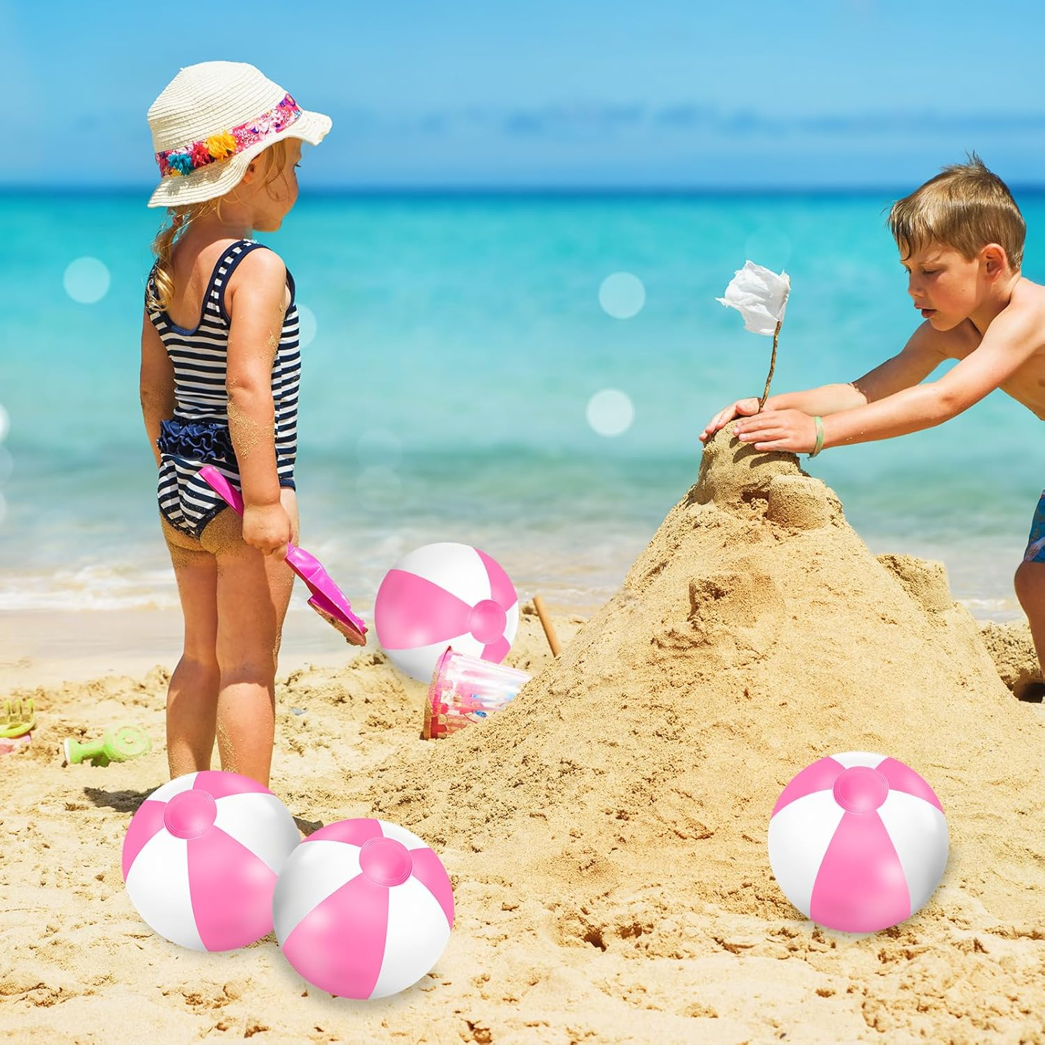 Whaline 16Pcs 16'' Inflatable Beach Ball round Pool PVC Balls Game Toys for Summer Hawaiian Tropical Theme Beach Party Decor image number 5