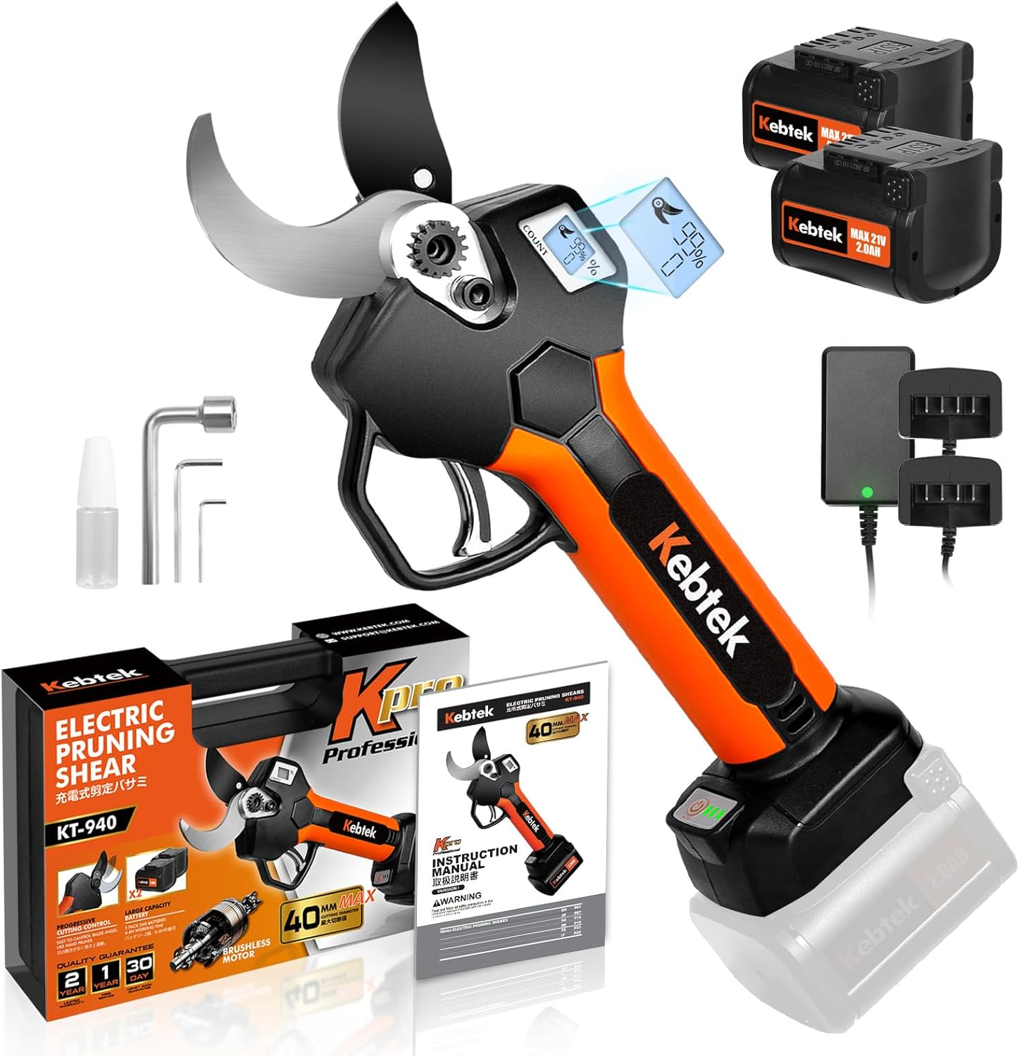 Electric Pruning Shears 40MM, Kebtek Professional Pruning Shears Battery Powered 18V Brushless Motor 2Pack 2AH Rechargeable Lithium Battery-Lcd Display Screen (KT940 Pruner Set) image number 3
