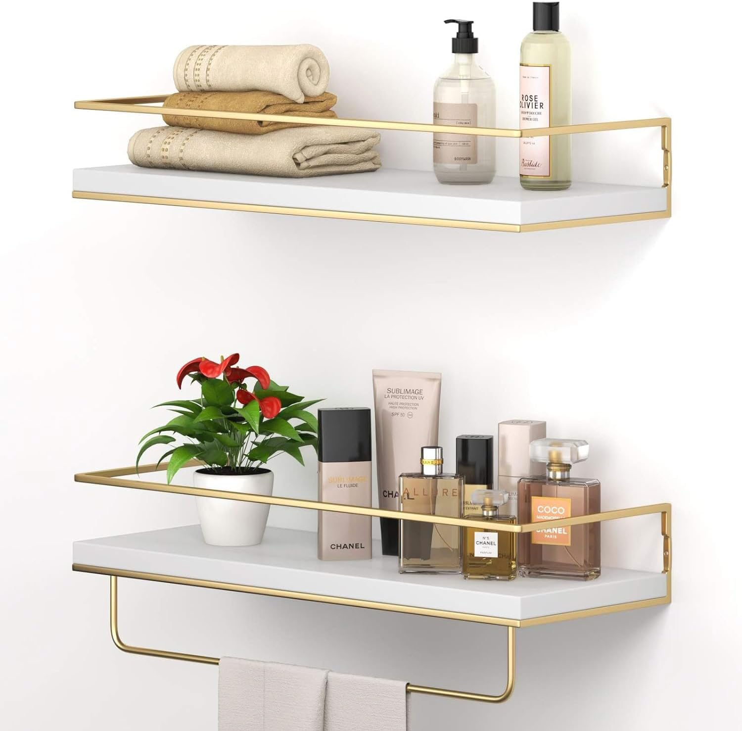 Floating Shelves Set of 2, Wall-Mounted Wooden Shelves with Golden Towel Rack, Decorative Storage Shelves for Bathroom, Kitchen, Living Room, Durable & Stylish image number 1