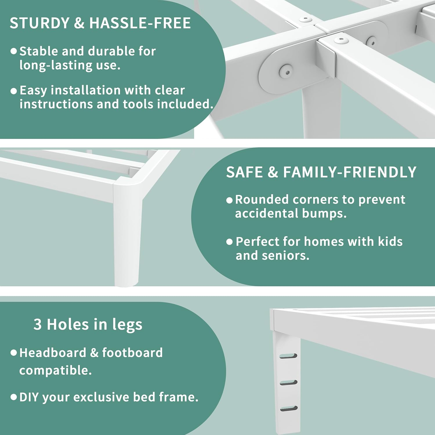 ITIMIDI 16 Inch Bed Frame Queen Size with Metal Gaskets, Heavy Duty Queen Platform Bed Frame No Box Spring Needed, DIY Headboard, Anti-Slip Mattress Stopper, round Corner Leg, Easy Assembly, White