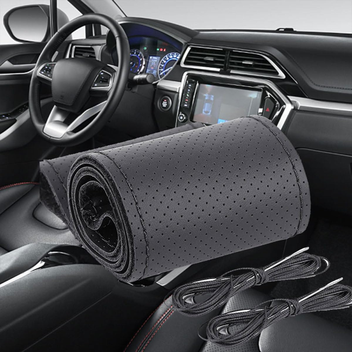 AIMALL Real Cow Leather DIY Car Steering Wheel Cover - Soft Glossy Finish, Fits 37Cm-38Cm (15 Inches) Steering Wheels image number 3