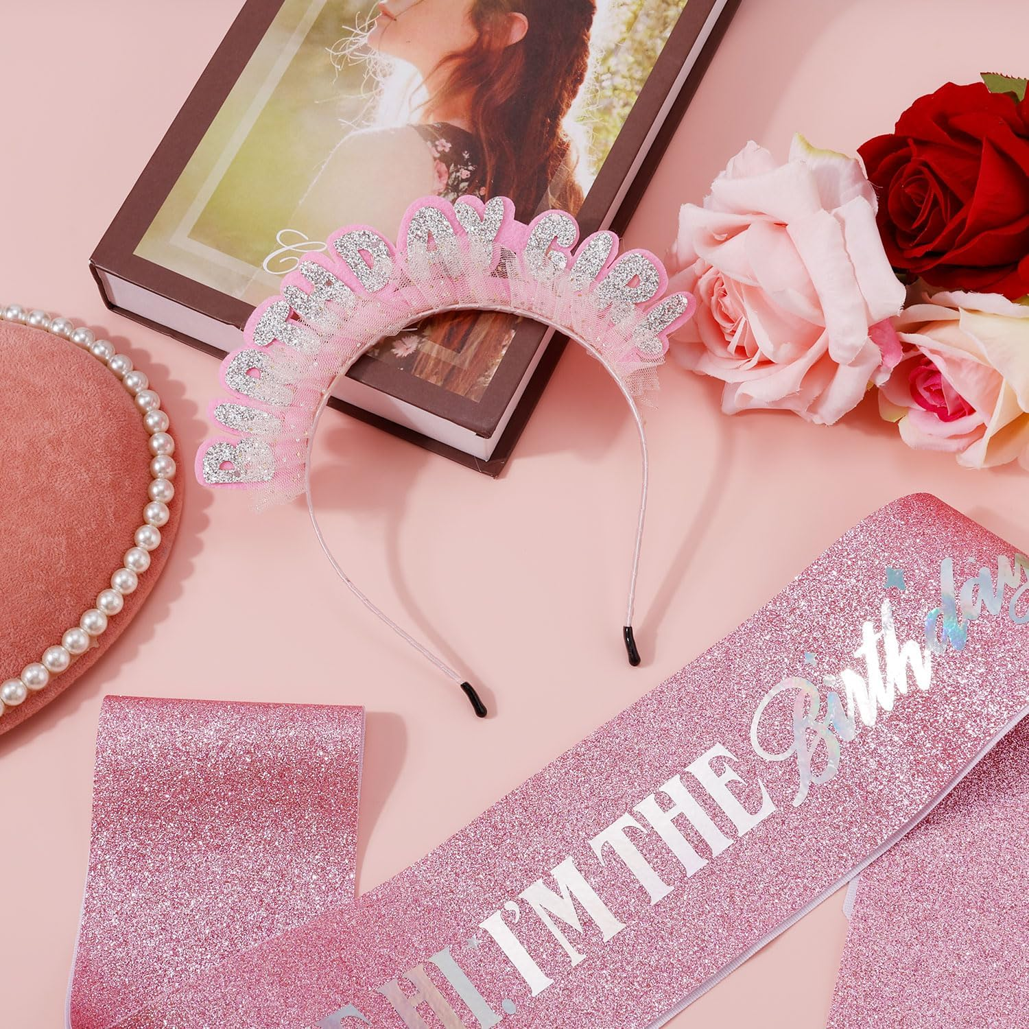 Birthday Sash and Headband, Pink It'S Me Hi I'M the Birthday Girl Sash with Glitter Headband Sequins Hair Accessories for Women Girls Happy Birthday Party Decoration Gift Supplies