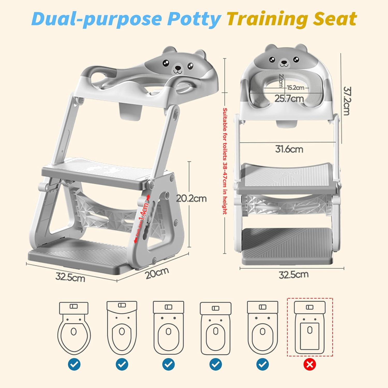 2-In-1 Potty Training Seat, Height-Adjustable Stability Training Potty Seat for Children - Step Folding Toilet Seat with Splash Guard, Anti-Slip Pad, Step Stool, Safety Handles, PU Cushion image number 3