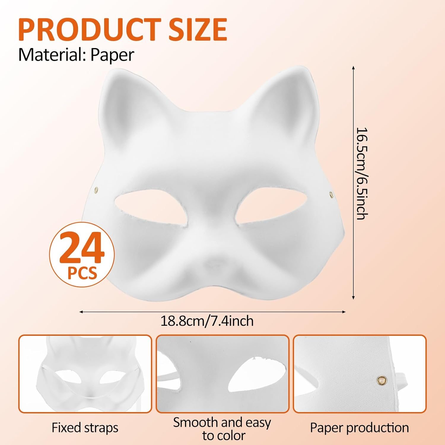 24PCS DIY White Paper Cat Mask for Costume Party Smooth Surface Paintable Animal Half Face Masquerade Mask Lightweight Fox Facepiece for Art Project