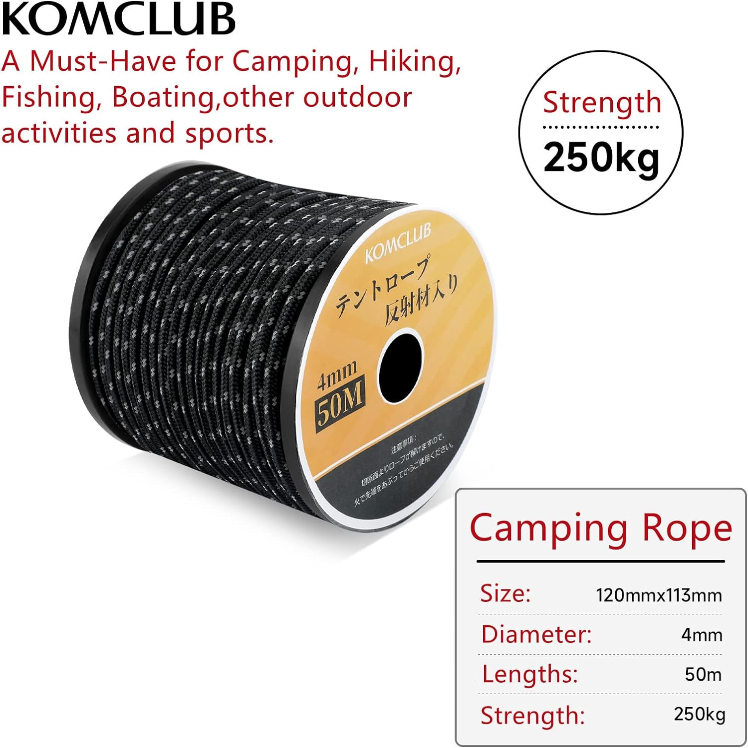 KOMCLUB Camping Rope Camping Reflective Rope,Adjuster Guy Lines Tent Cords,Lengths 50M,Diameter 4Mm,For Camping,Hikingand,Backpacking (Orange) image number 1
