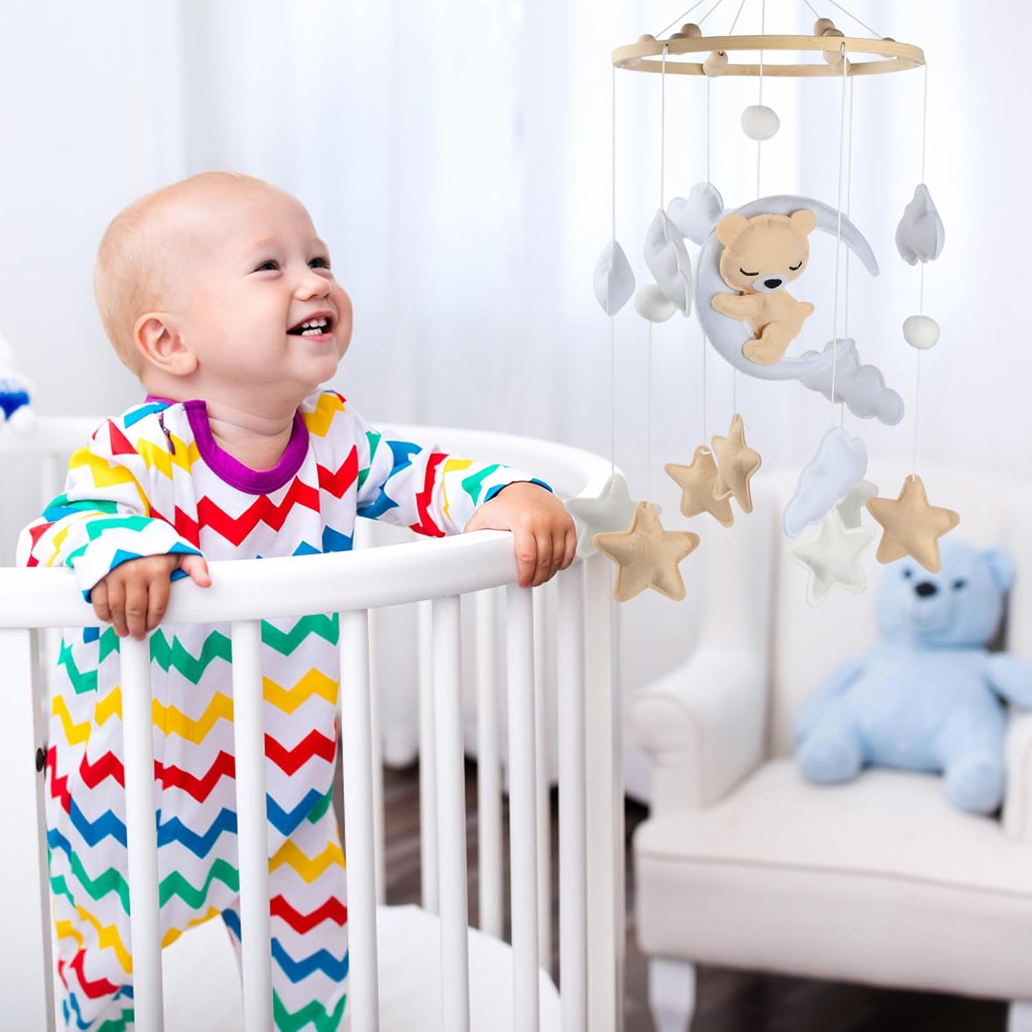 Felt & Wood Baby Mobile for Baby Cot - Snoozing Bear, Handmade, Montessori Hanging Mobile, Sensory Toy for Newborns, Nursery Decoration, Baby Shower Gift (Brown) image number 1