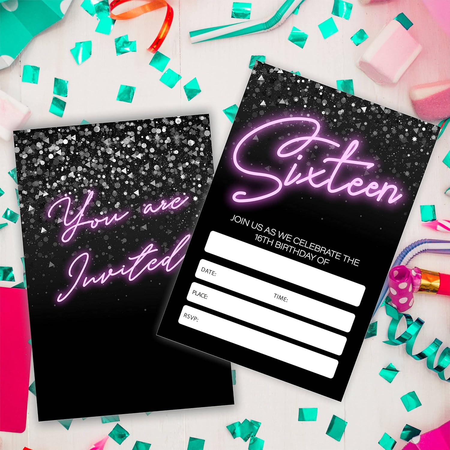 Neon 16Th Birthday Invitations, Glow Theme Birthday Party Invites Decorations, Kids Adults Birthday Party and Events Supplies, 20 Fill-In Invites Cards with Matching Envelopes（Yqk-023）