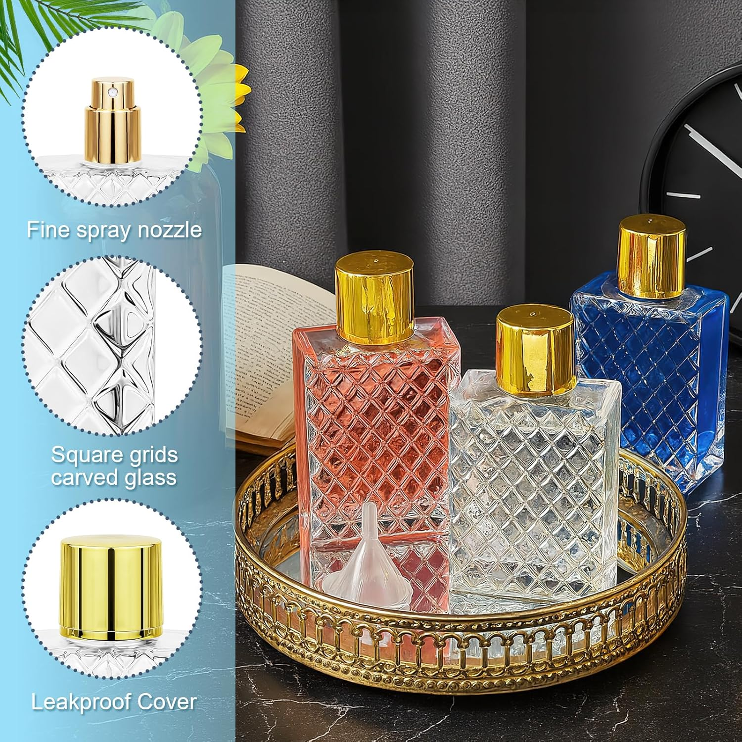 Malloom 10 Pack Refillable Glass Perfume Bottles, 100Ml/3.4 Oz Empty Perfume Bottles Clear Glass Fine Mist Atomizer Spray Bottle with 10 Funnel for Essential Oils Travel and DIY Fragrance image number 3