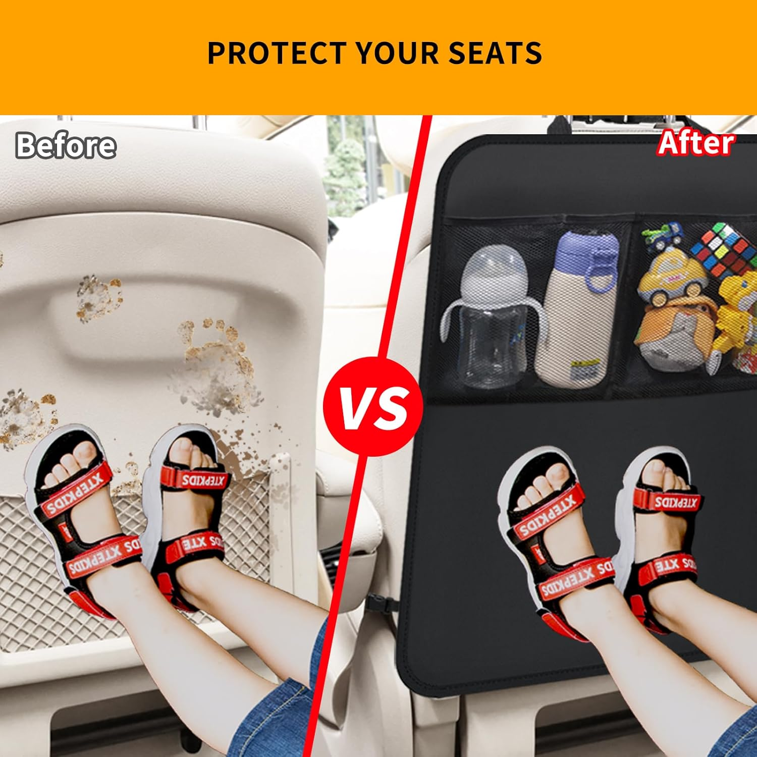 2 Pack Kick Mat Backseat Protector,Back Seat Cover for Kids,Car Seat Back Protectors with 2 Pocket Storage Organizer for Car, SUV, Minivan or Truck Seats (Black) image number 2