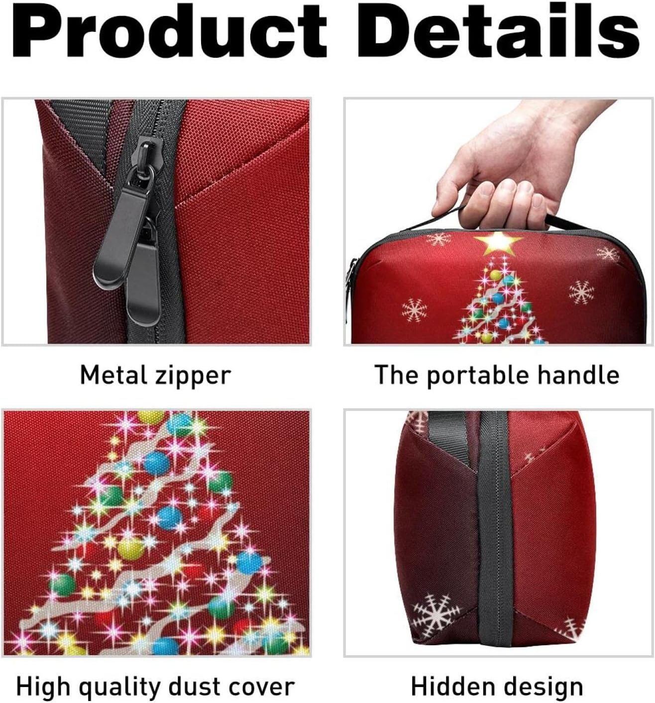 Travel Toiletry Bag for Women and Men, Water-Resistant Shaving Bag for Toiletries Accessories, Christmas Colored Tree Snowflakes Vintage image number 2
