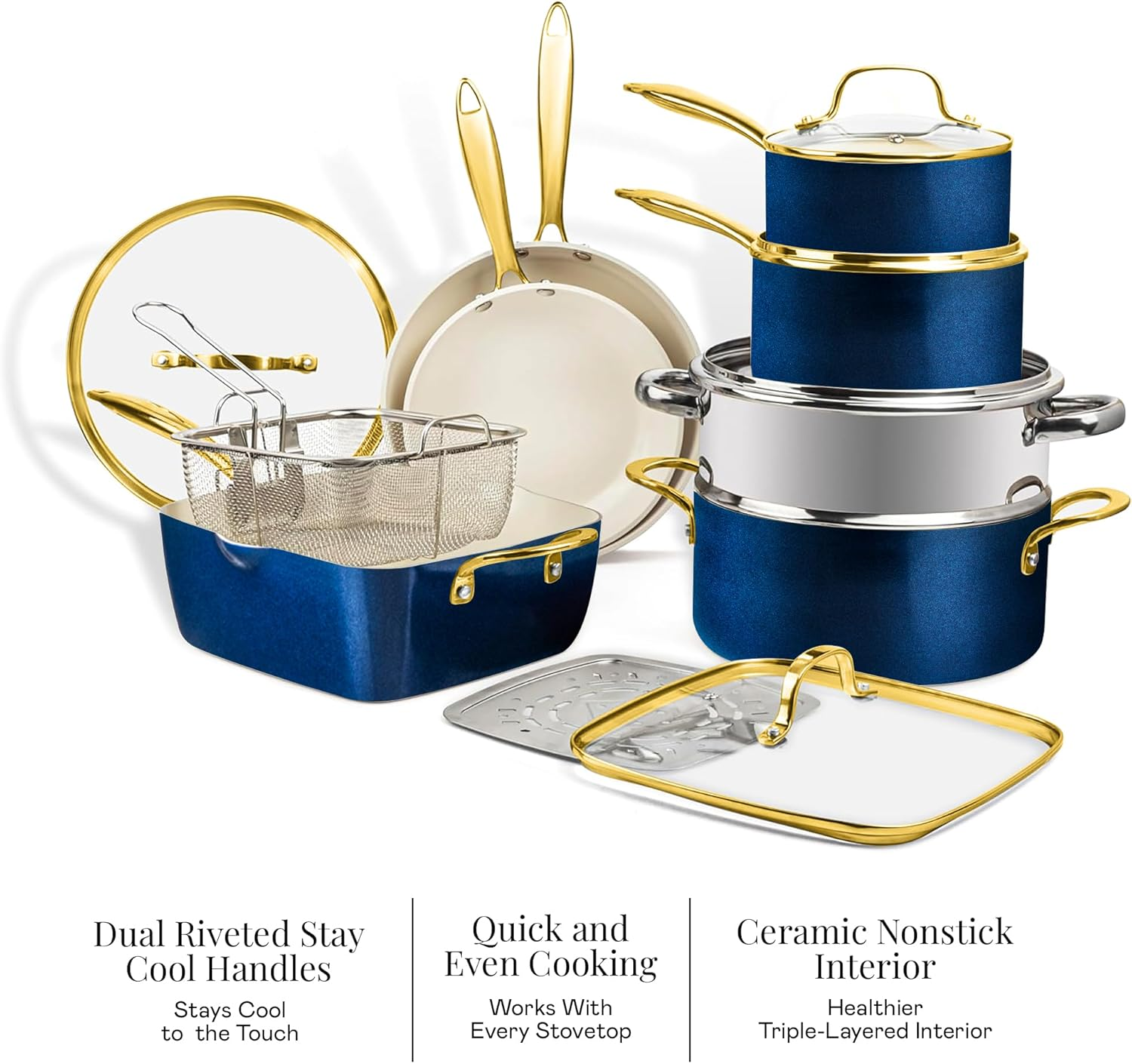 Gotham Steel 12 Pc Ceramic Pots and Pans Set Non Stick, Kitchen Cookware Sets, Pot and Pan Set, Ceramic Cookware Set, Non Toxic Cookware Set, Non Stick Pots and Pan Set, Dishwasher Safe - Cream Navy&hellip; image number 5