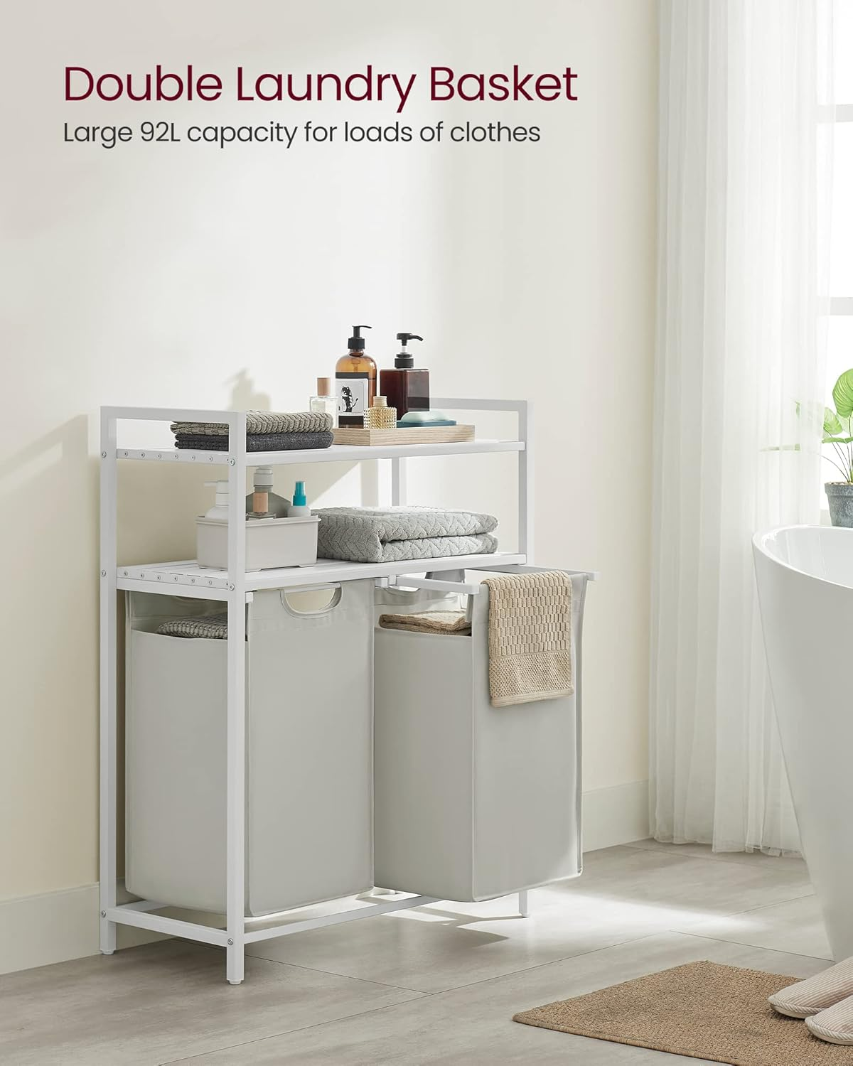 VASAGLE Laundry Hamper, Laundry Basket, Laundry Sorter with 2 Pull-Out and Removable Bags, 2 Shelves, 12.1 Gal (46L) Capacity per Bag, for Laundry Room, White UBLH211W01 image number 5