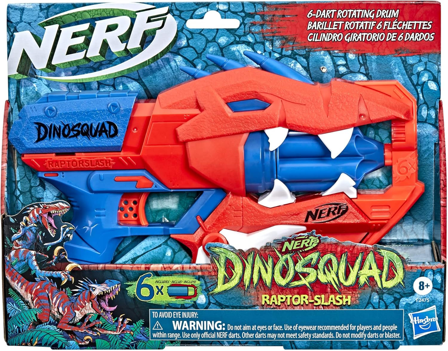 Nerf Dinosquad Raptor-Slash Dart Blaster, 6-Dart Rotating Drum, Slam Fire Action, 6 Official Nerf Elite Darts, Velociraptor Dinosaur Design