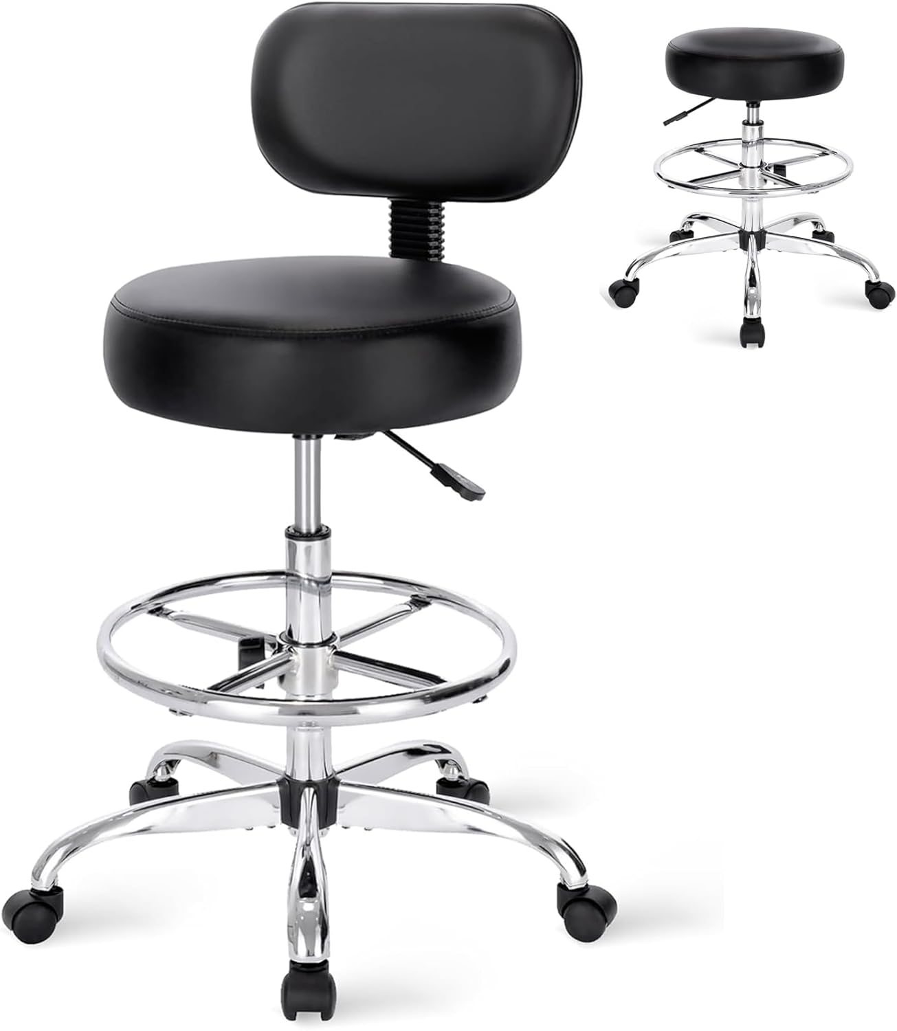 Drafting Chair with Backrest, Adjustable Footrest Rolling Stool with Wheels, Swivel Stool for Office Spa Studio Lab Counter Salon Work, Black 60 * 60 * 113Cm image number 1
