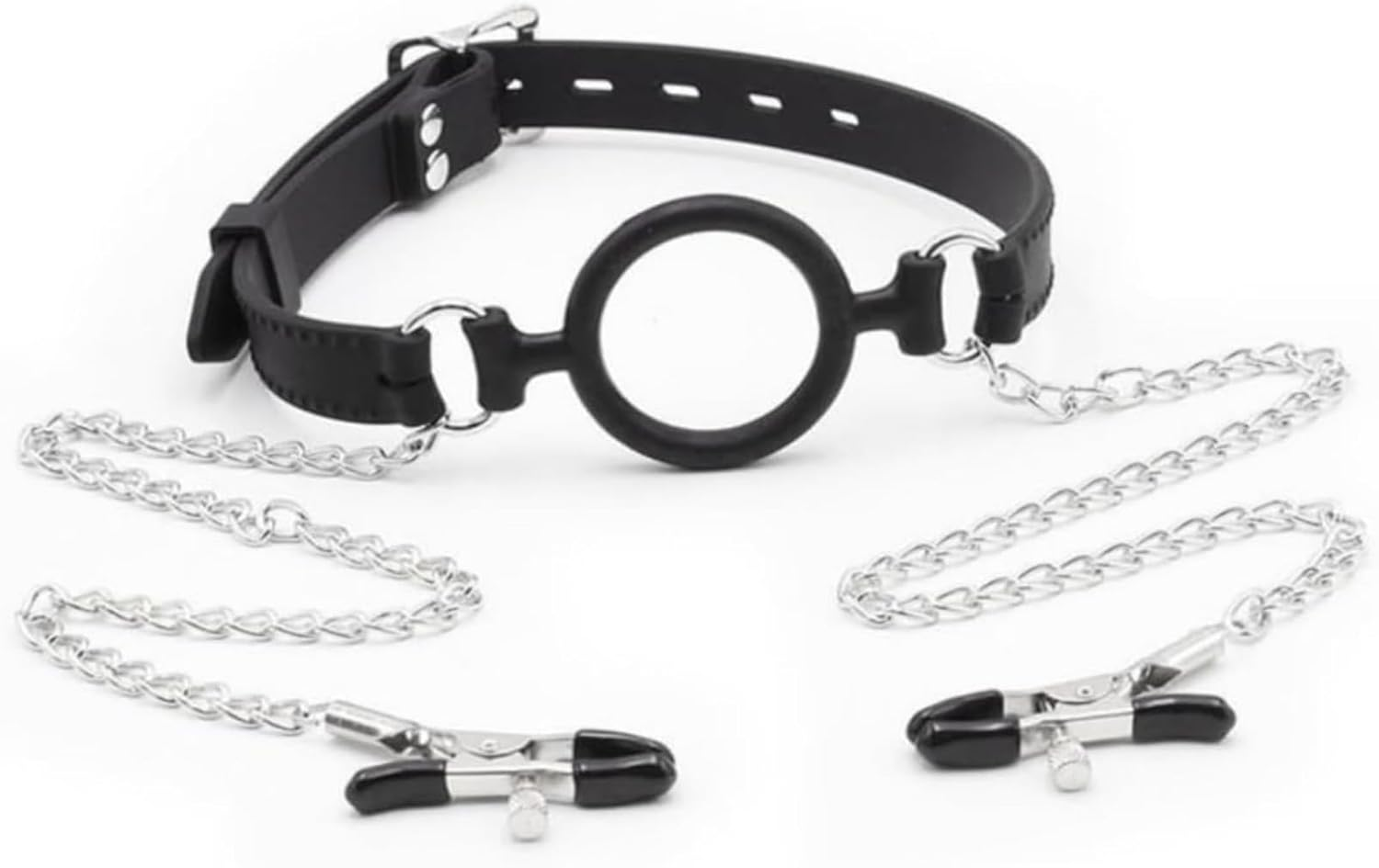 Silicone Open Mouth Ring Gag with Adjustable Nipple Clamps O-Ring Gag with Nipple Clamps Breast Sensual Bondage Nipple Clips image number 1