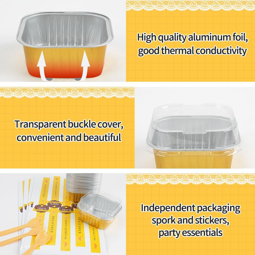 RETON 100 Pcs Mini Square Cake Pans with Lids and Sporks Stickers, 5Oz Aluminum Foil Ramekins Baking Cups, Individual Cupcake Containers for Brownies Dessert Party Wedding Birthday (Gold) image number 1