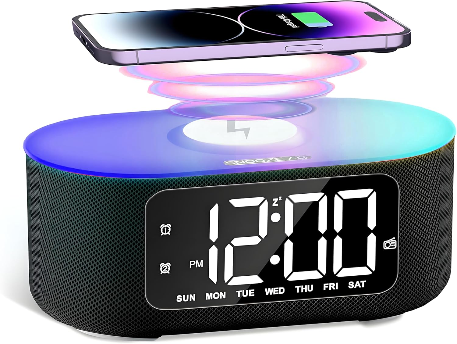 White Noise Machine & Alarm Clock with 25 Sounds, Bluetooth Stereo Speaker, 15W Fast Wireless Charger, Digital Clock with FM Radio, 10 Colors Nightlight, Snooze, Dimmer, Sleep Timer for Baby & Adults image number 6