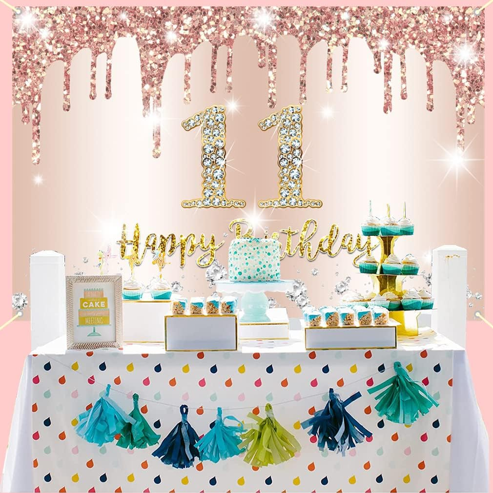 11Th Birthday Girl Decoration, 11Th Birthday Banner Rose Gold, 11Th Birthday Fabric Sign Poster, 11Th Birthday Background Banner Girl Birthday Party Decor